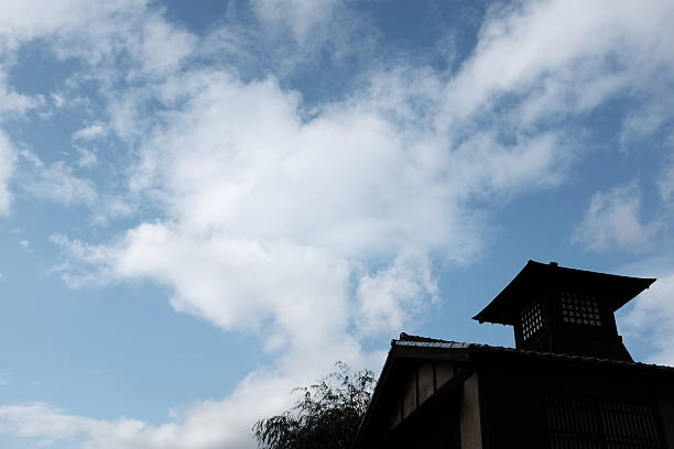 Traditional architecture of Japan. It is a wooden building, it is tiled.