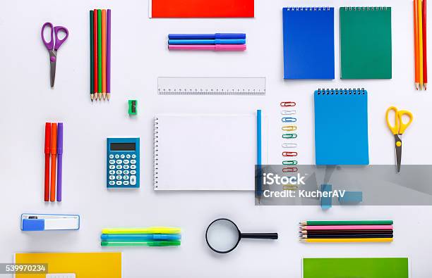 School Supplies With A Notebook With Blank Pages Stock Photo - Download Image Now - Storage Room, Group Of Objects, Calculator