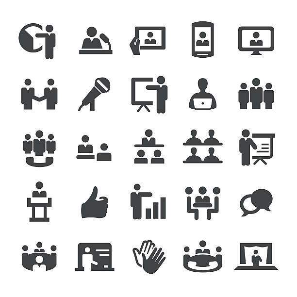 ilustraciones, imágenes clip art, dibujos animados e iconos de stock de presentación de negocios y reuniones, serie iconos-smart - presentador