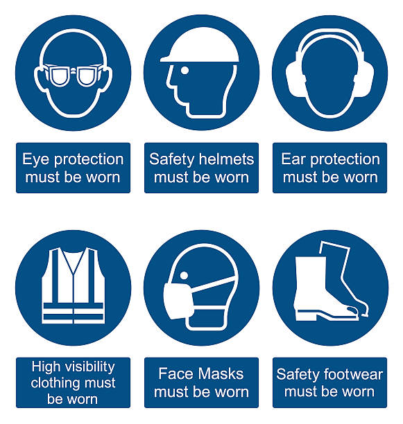 Health and Safety Signs Mandatory construction manufacturing and engineering health and safety signs to current British Standards isolated on white background protective eyewear stock illustrations
