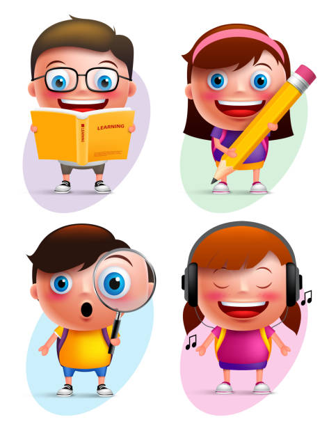 illustrations, cliparts, dessins animés et icônes de drôle coloré vecteur collection de personnages enfants lisant un livre et un bureau - smiley face audio