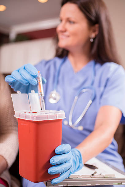 istock Nurse demonstrating proper disposal of syringes. 539974644