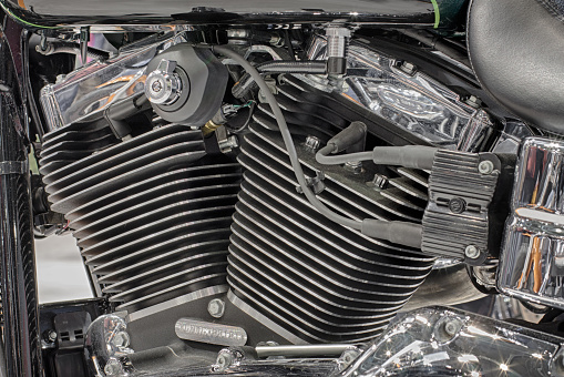  Brno,Czech Republic - March 4,2016: Detail of  Twin Cam 103 engine of motorcycle Harley Davidson Dyna Low Rider on International Fair for Motorcycles  on March 4,2016 in Brno in Czech Republic