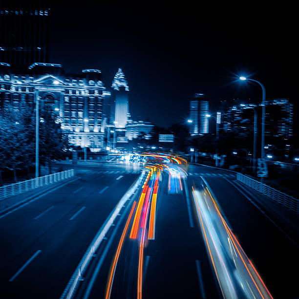 istock light trails in the downtown district,tianjin 539977722