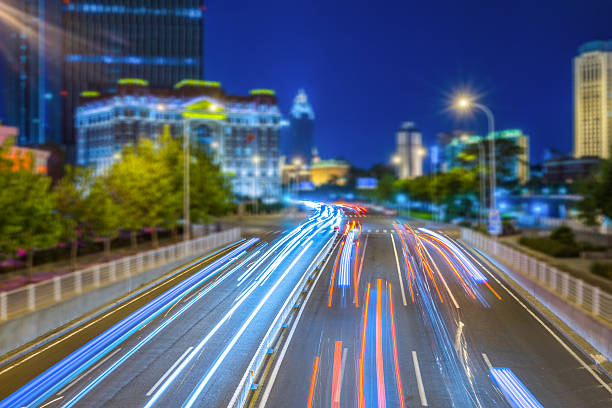 light trails in the downtown district,hongkong china.