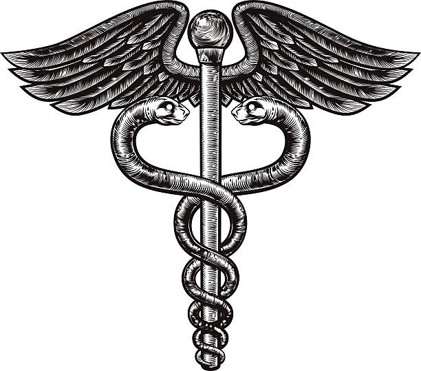 Caduceus Woodcut An illustration of the caduceus symbol of two snakes intertwined around a winged rod in a vintage woodcut style. Associated with healing and medicine. medical symbols stock illustrations