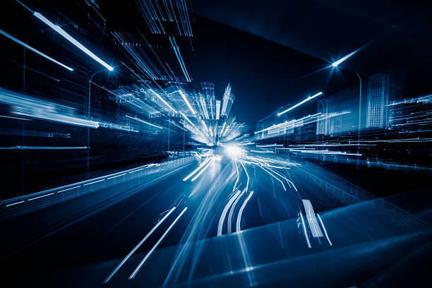 istock light trails in the downtown district,tianjin 539979062