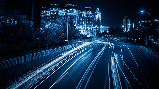 istock light trails in the downtown district,tianjin 539980148