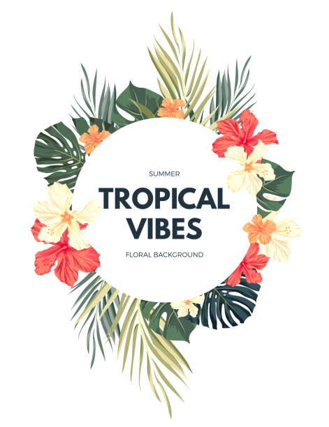 illustrazioni stock, clip art, cartoni animati e icone di tendenza di luminosa hawaiano progettazione con piante e fiori di ibisco tropicale - cultura hawaiana