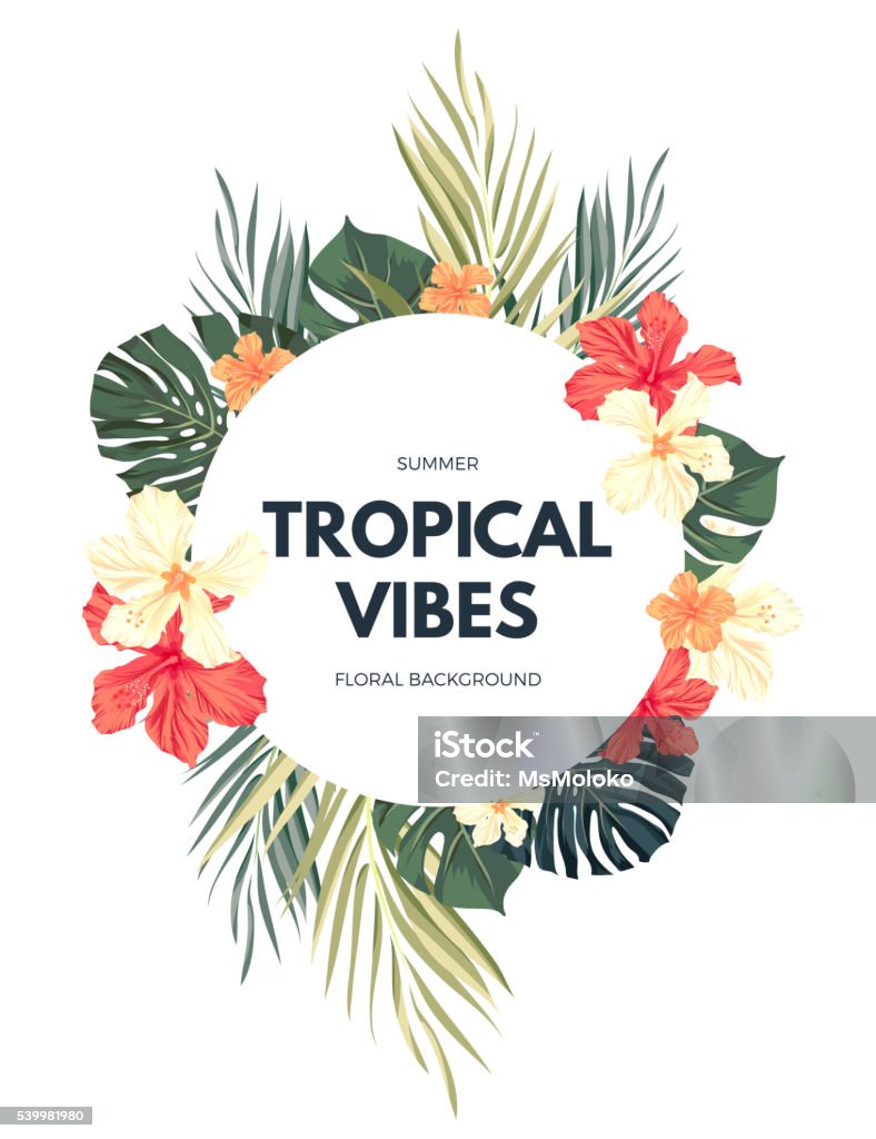 Bright hawaiian design with tropical plants and hibiscus flowers Bright hawaiian design with tropical plants and hibiscus flowers, vector illustration Tropical Climate stock vector