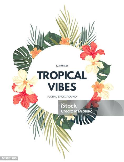 Bright Hawaiian Design With Tropical Plants And Hibiscus Flowers Stock Illustration - Download Image Now