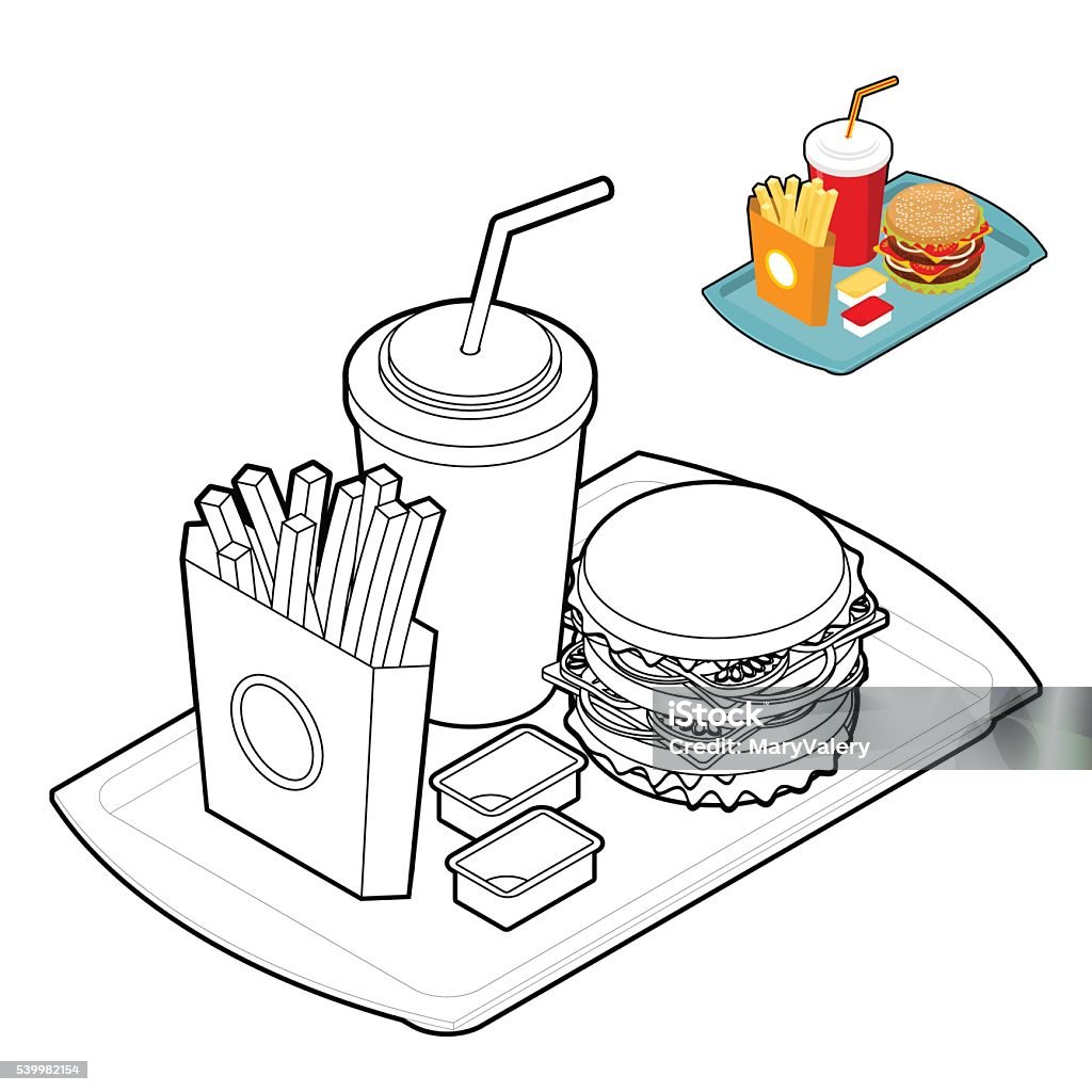 Fast food coloring book. Food in linear style. Fast food coloring book. Food in linear style. Big fresh hamburger. Delicious Frying potatoes. Cold drink Red disposable paper cup with straw. Cheese sauce Beef stock vector