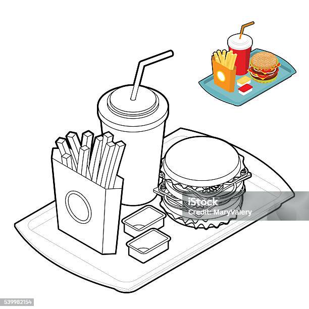 Fast Food Coloring Book Food In Linear Style Stock Illustration - Download Image Now - Beef, Book, Bread