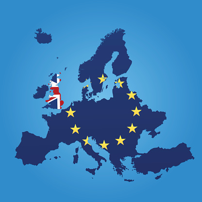 Europe and United Kingdom flag map on blue background. Hires JPEG (5000 x 5000 pixels) and EPS10 file included.