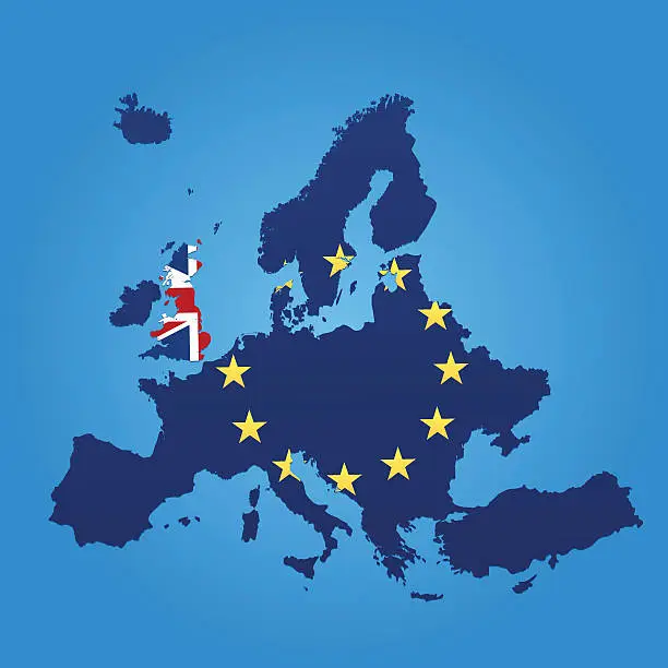 Vector illustration of Europe and United Kingdom flag map on blue background