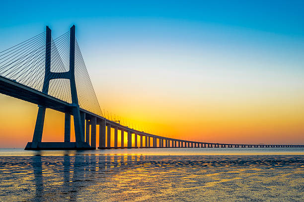 pont vasco de gama au lever du soleil - pont suspendu photos et images de collection