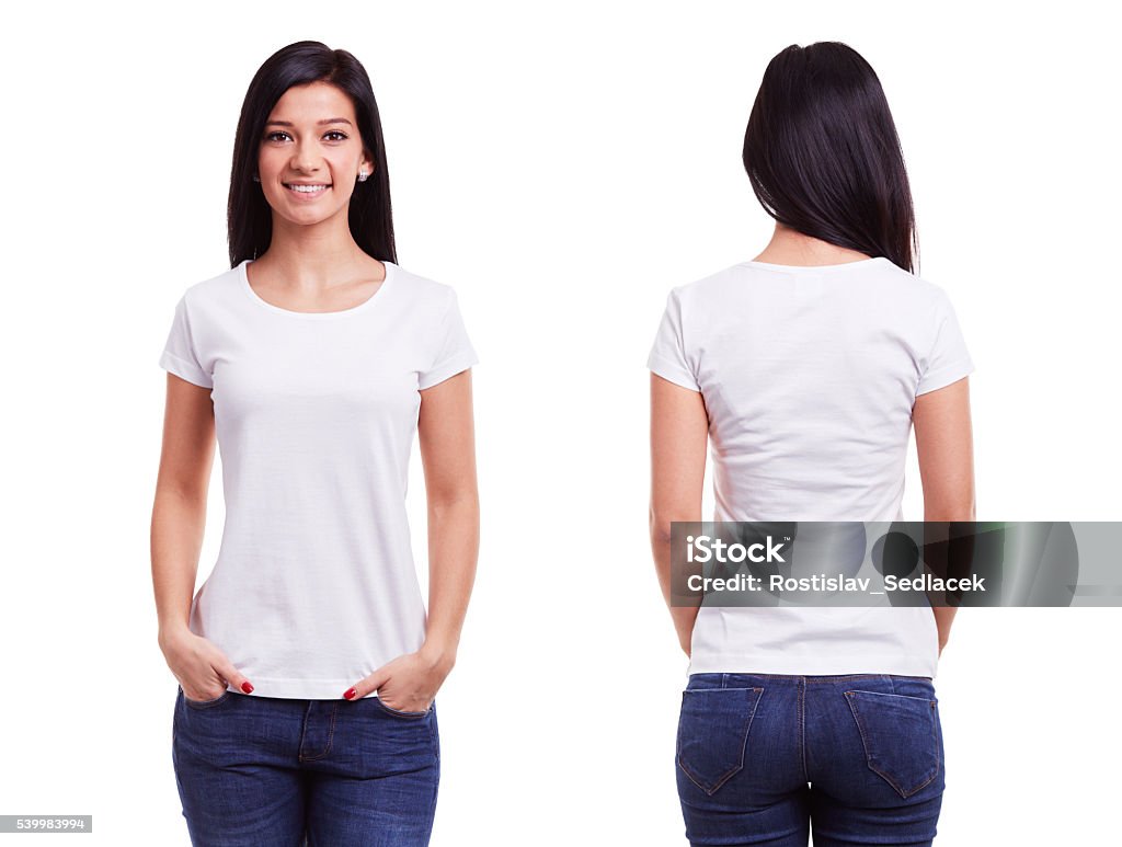 Weißes t-shirt auf einer jungen Frau-Vorlage - Lizenzfrei T-Shirt Stock-Foto