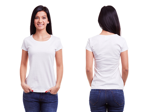 White t shirt on a young woman template on white background