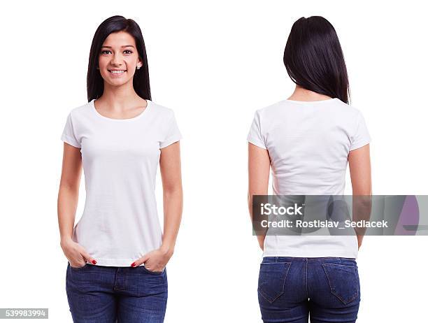 White T Shirt On A Young Woman Template Stock Photo - Download Image Now - T-Shirt, White People, White Color