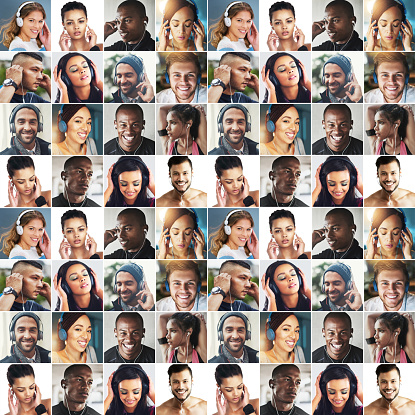 Composite image of a diverse group of people listening to music