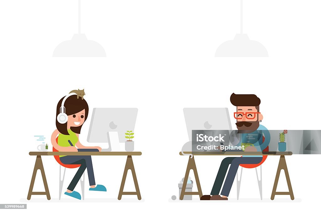 man and woman working on computer man and woman working on computer flat style cartoon. Graphic Designer stock vector