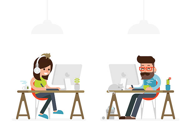 man and woman working on computer man and woman working on computer flat style cartoon. designer stock illustrations