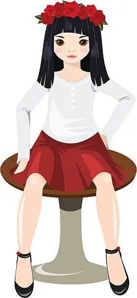 Vector illustration of Girl with dark hair and brown eyes sitting on chair.