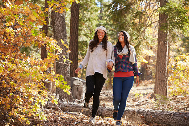 istock Happy lesbian couple walking in a forest holding hands 540090326