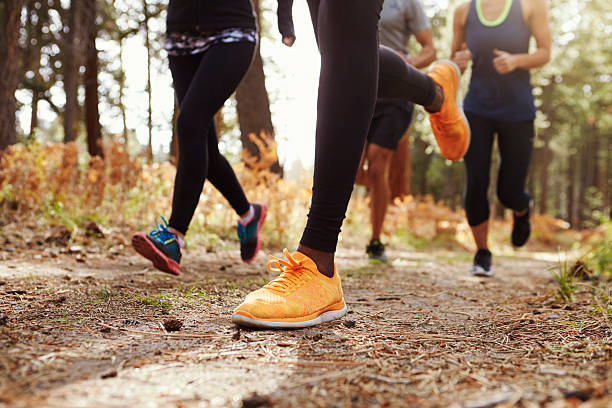 piernas y zapatos de cuatro adultos jóvenes corriendo en el bosque - aerobismo fotografías e imágenes de stock