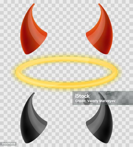 Anges Auréole Et Diables Cornes Rouges Noires Vecteurs libres de droits et plus d'images vectorielles de Diable - Démon - Diable - Démon, Cornu, Auréole - symbole