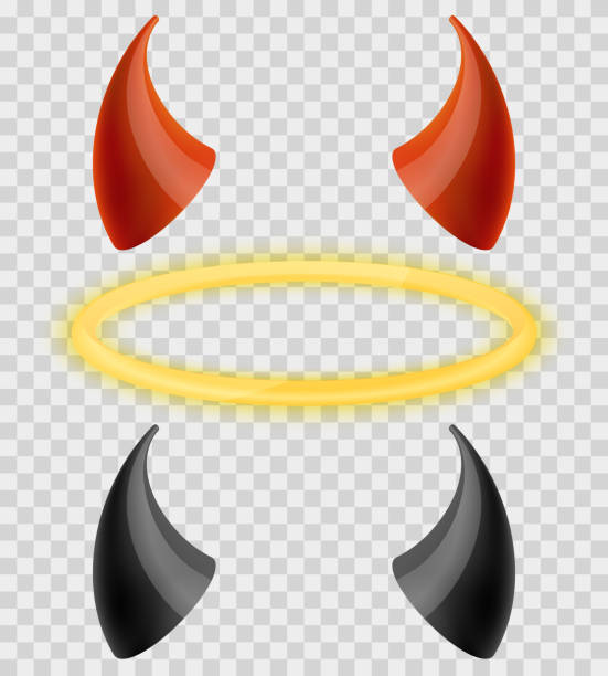 Angels halo and devils black red horns Angels halo and devils black and red horns isolated on transparent checkered background. Halo and devil horn, evil horn, saint halo, horn demon, halo religion. Vector illustration set devils horn stock illustrations