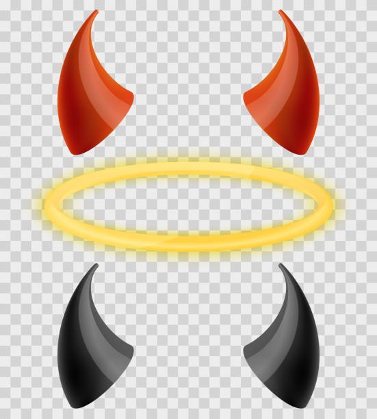 Angels halo and devils black red horns Angels halo and devils black and red horns isolated on transparent checkered background. Halo and devil horn, evil horn, saint halo, horn demon, halo religion. Vector illustration set horned stock illustrations