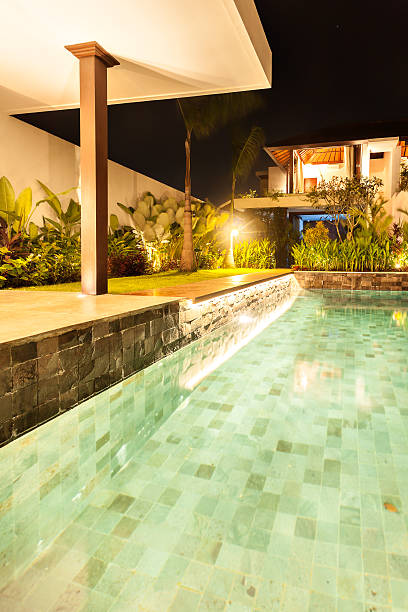 istock Closeup of an illuminated swimming pool at night 540091672