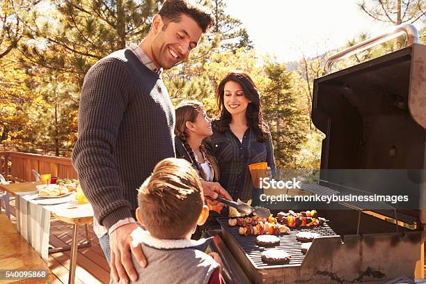 Family Barbecuing On A Deck In The Forest Stock Photo - Download Image Now - Family, Barbecue - Meal, Grilled