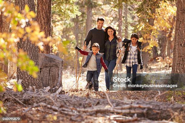Happy Hispanic Family With Two Children Walking In A Forest Stock Photo - Download Image Now