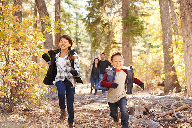 istock Parents watching their children running in a forest 540095932