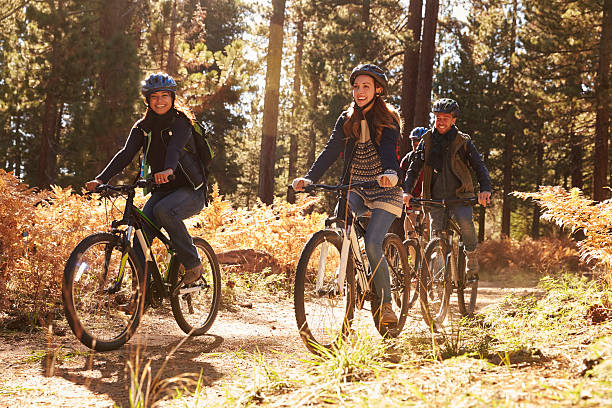 istock Group of smiling friends riding bikes in a forest, 540096282