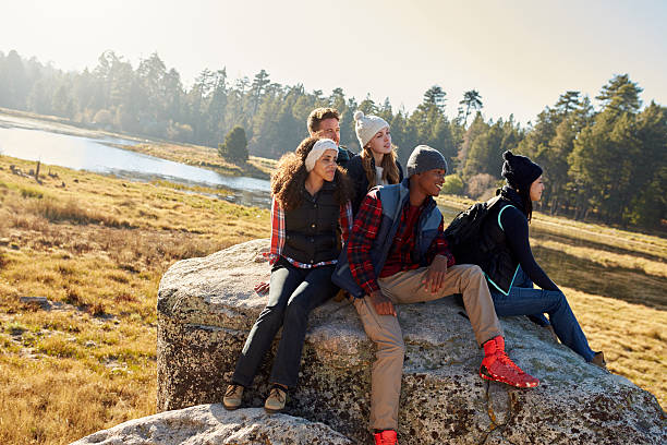 istock Five friends sitting on a rock in the countryside 540096664