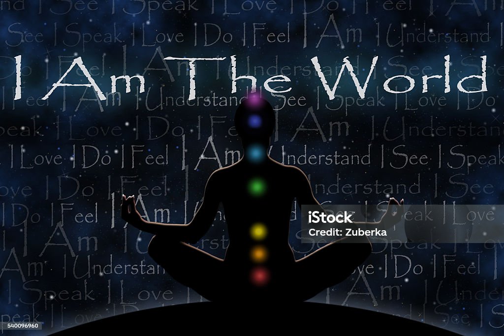 Yoga 7 chakaras mystery Female yoga figure against a space background, with the chakras symbols, as a concept for the unity with universe. Text: I Am The World. I Understand. I See. I Speak. I Love. I Do. I Feel. I Am. Spirit Medium Stock Photo