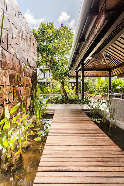 istock Wooden path over water pond in a modern hotel 540100480