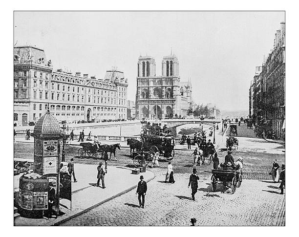 Antique photograph of Notre-Dame de Paris (France),19th century Antique photograph of View of western (?) facade of the medieval Cathedral of Notre-Dame de Paris (France) seen from place Jean-Paul-II as the area appeared towards the end of the 19th century. place of worship photos stock illustrations