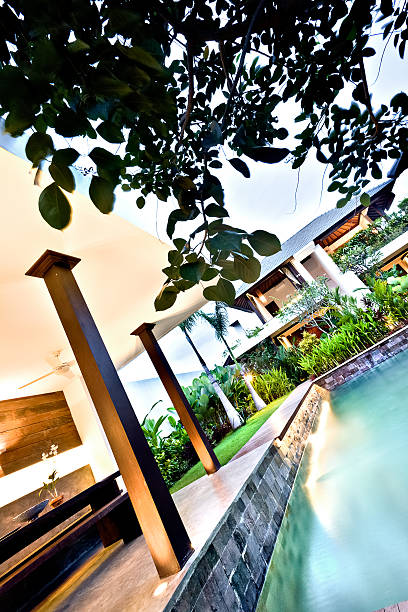 istock View of modern swimming pool under the leaves 540104106
