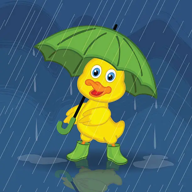 Vector illustration of duckling hiding from rain under umbrella
