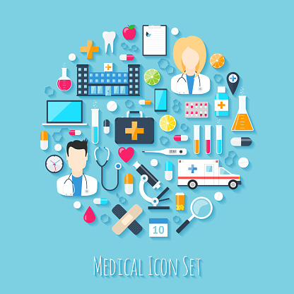 Medical vector icon set. Flat design health medical icons collection vector illustration.