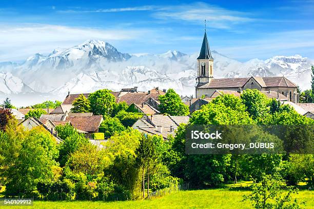 Old French Village In Countryside With Mont Blanc Alps Mountains Stock Photo - Download Image Now