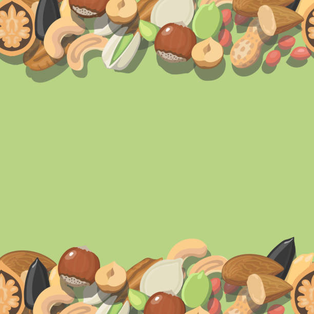 ilustrações, clipart, desenhos animados e ícones de vetor de padrão perfeito nozes e avelãs, amêndoas, amendoim, nozes com castanha-de-caju pistache - hazelnut nut hazel tree tree