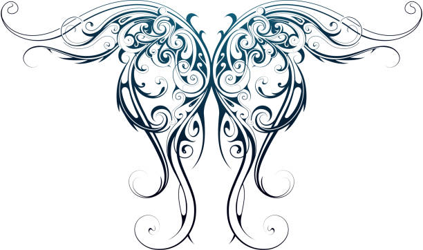 Wing shape tattoo Gothic style tattoo as angel wings shape tribal tattoo stock illustrations