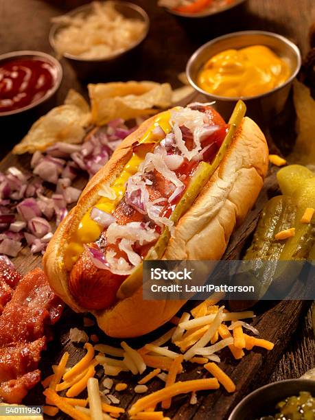 Hot Dog With All The Fixings Stock Photo - Download Image Now - Hot Dog, Bratwurst, Pickled