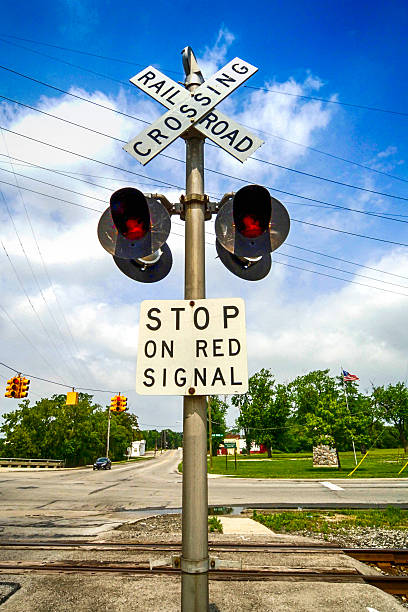 istock Railroad Crossing signpost and lights near Monroe MI 540112274