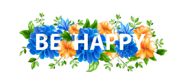 иллюстрация с цветами» будьте счастливы - plan flower arrangement single flower blue stock illustrations